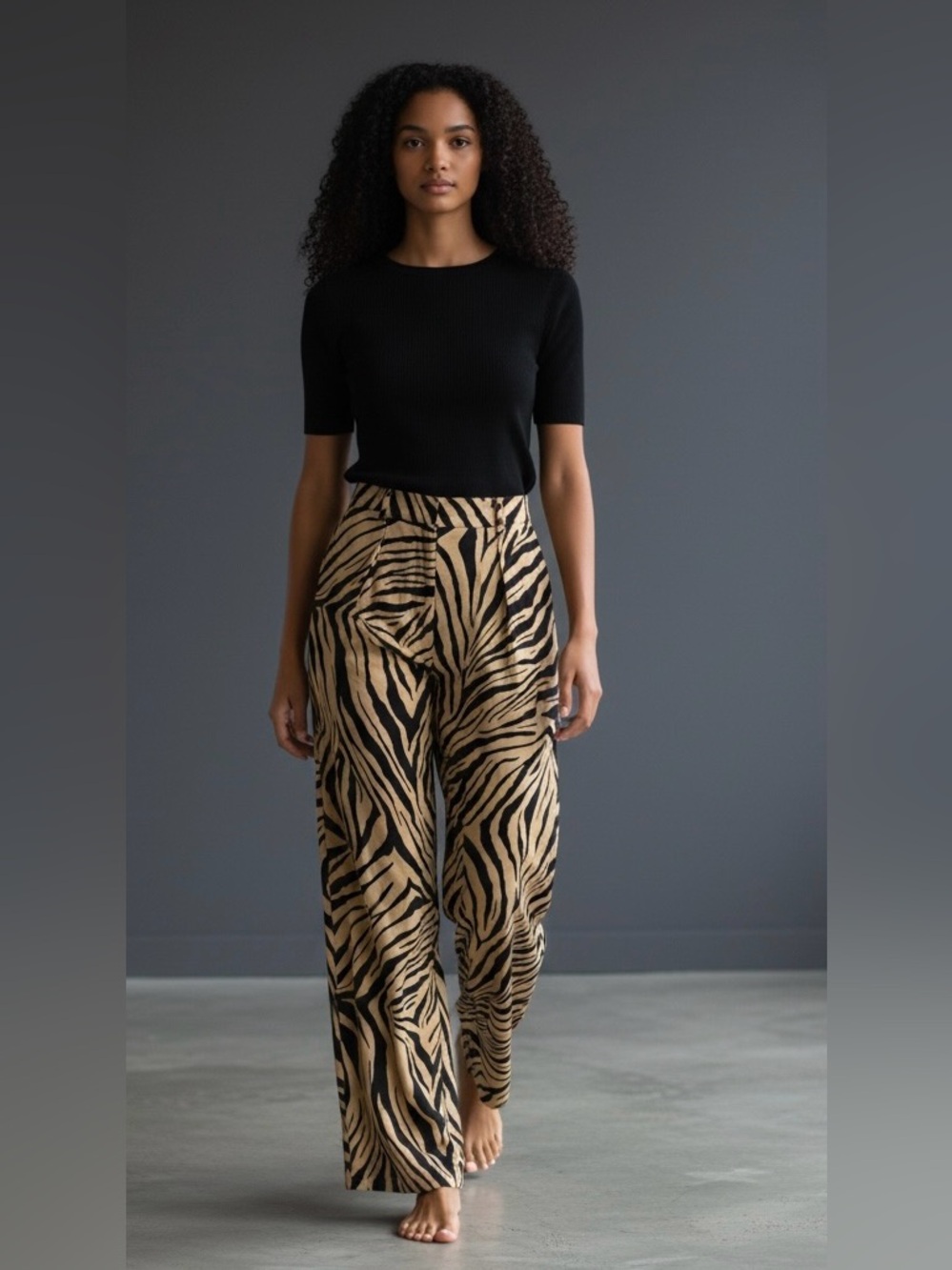 Zara Wide Leg Zebra-Print Pants in Black and Tan